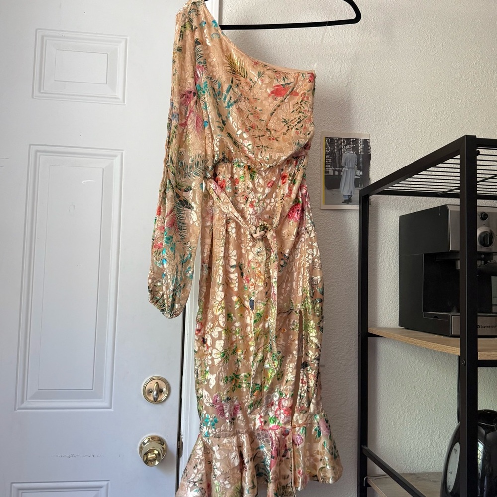 NWT HEMANT & NANDITA‎ nude peach Veena floral velvet burnout one shoulder midi